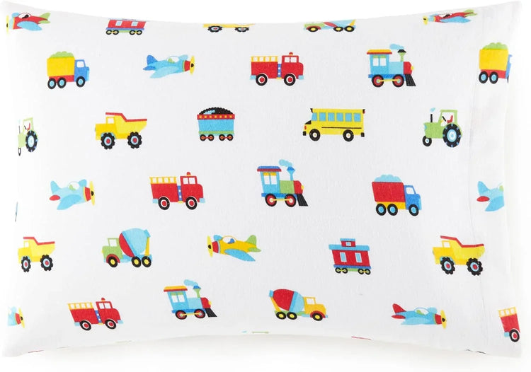 Soft 100% cotton flannel sheet set with trains, planes, and trucks print, cozy bedding from BYMRR Train Store.