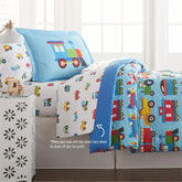 Soft cotton flannel full sheet set with trains, planes, and trucks print, cozy bedding from BYMRR Train Store.