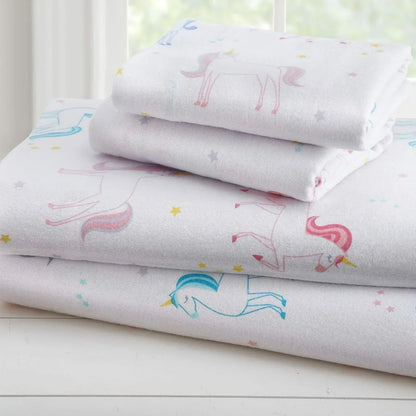 Soft 100% cotton flannel full sheet set with trains, planes, and trucks design, featuring cozy bedding from BYMRR Train Store.