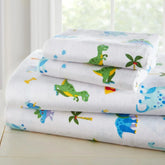 Soft 100% cotton flannel full sheet set with trains, planes, and trucks design for cozy bedding by BYMRR Train Store.