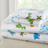 Soft 100% cotton flannel full sheet set with trains, planes, and trucks design for cozy bedding by BYMRR Train Store.