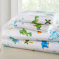 Soft 100% cotton flannel full sheet set with trains, planes, and trucks design for cozy bedding by BYMRR Train Store.