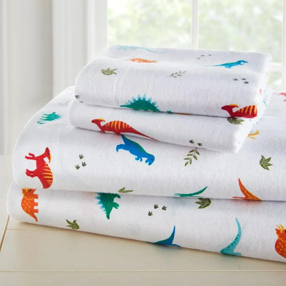 Soft cotton flannel full sheet set with trains, planes, and trucks design, cozy bedding by BYMRR Train Store.