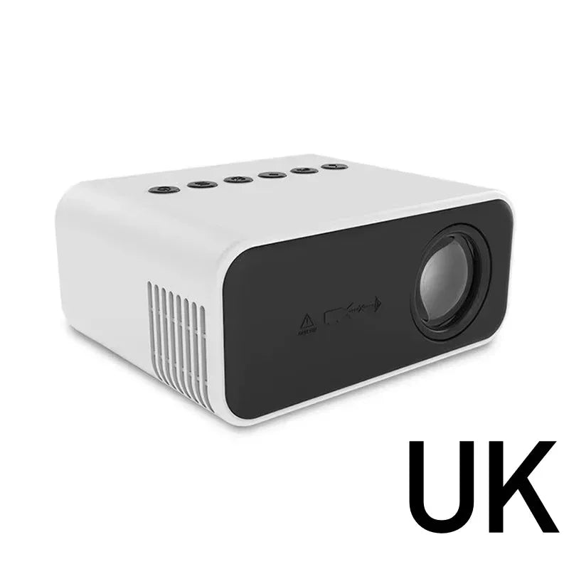 Xiaomi Mini Portable Projector displaying 8K HD image for gaming and family entertainment, compact design with lens and controls visible.