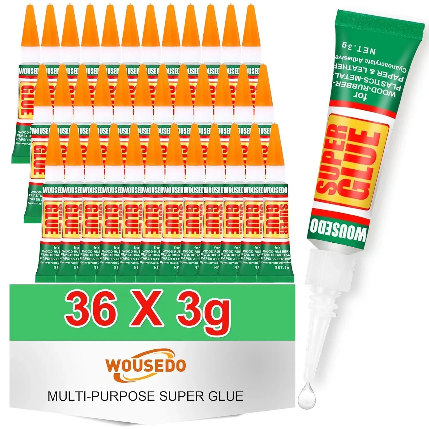 48-pack of WOUSEDO 3G clear cyanoacrylate adhesive for wood, rubber, leather, plastic, metal, and DIY crafts.