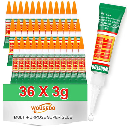 48-pack of WOUSEDO 3G clear cyanoacrylate adhesive for wood, rubber, leather, plastic, metal, and DIY crafts.