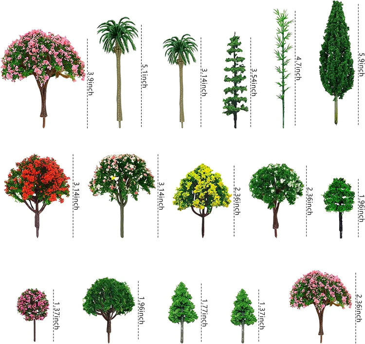 Assorted miniature artificial trees for train scenery and diorama models, ideal for DIY crafts and landscape building.