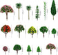 Assorted miniature artificial trees for train scenery and diorama models, ideal for DIY crafts and landscape building.