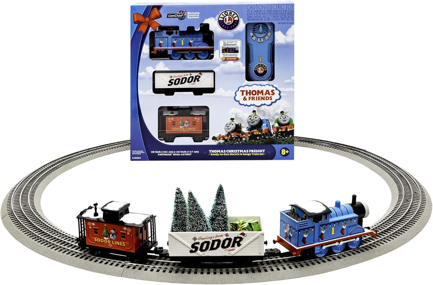 Lionel Thomas & Friends Christmas Freight Electric O Gauge Bluetooth Train Set with Remote Control in Blue, Red, and White