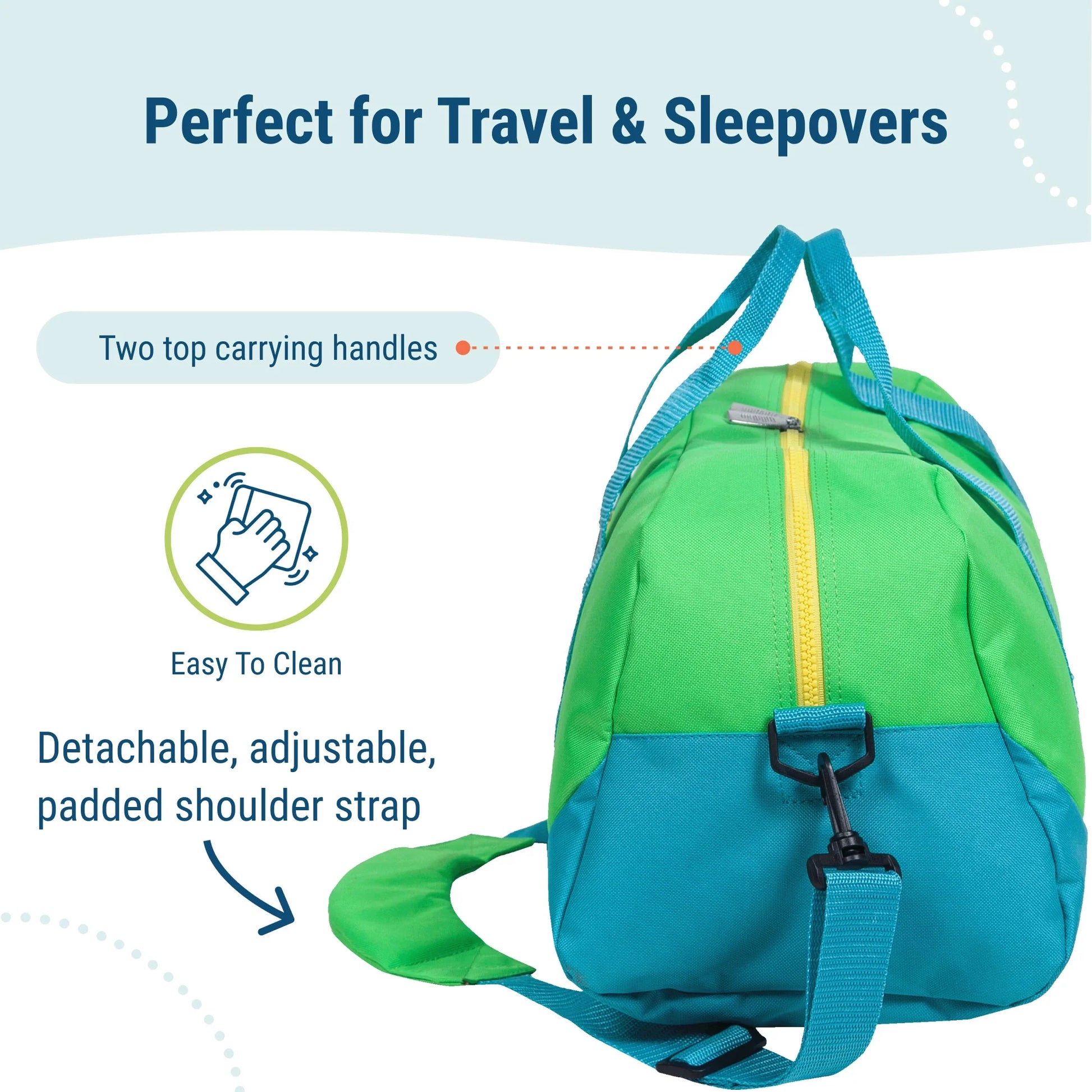 Kids Overnighter Duffel Bag for Boys & Girls, Features Two Carrying Handles and Removable Padded Shoulder Strap, BPA & Phthalate Free (Monster Green)