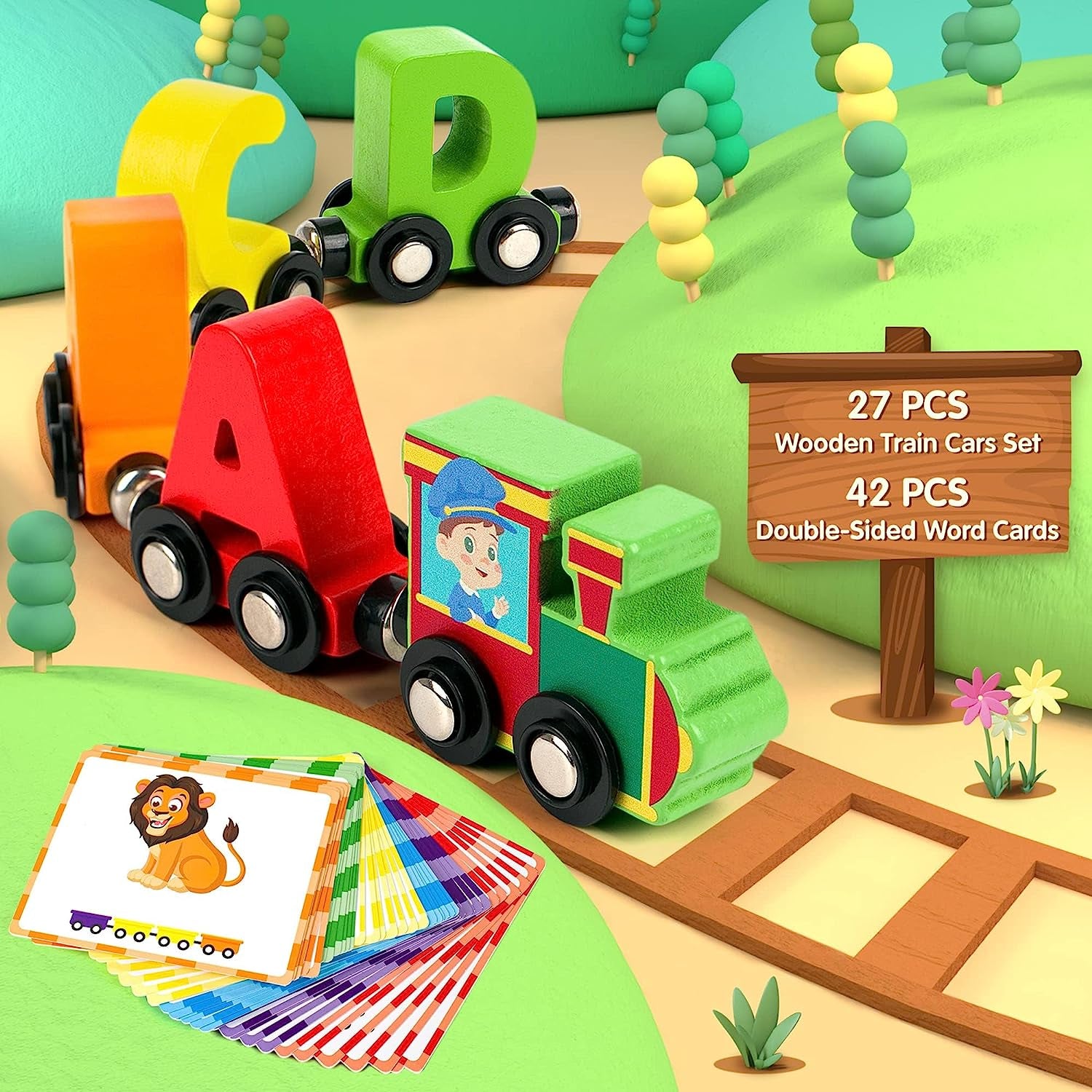 Discover the Joy of Learning with the Vanmor 27-Piece Magnetic Wooden Alphabet Train Set - Complete with 42 Flash Cards, Engine, and Storage Bag for Kids Aged 3 to 7!