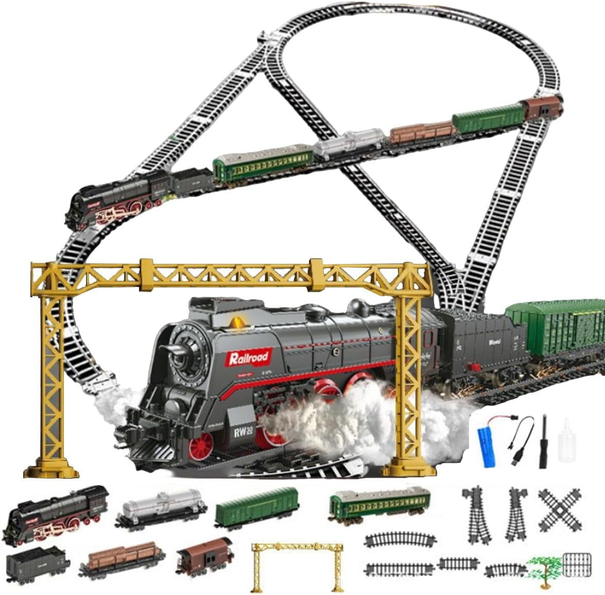 Premium Electric Train Set for Adults - Metal Alloy Christmas Steam Locomotive with Illuminated Passenger Carriages, Luxury Tracks, Sound Effects, Ideal Birthday Gift