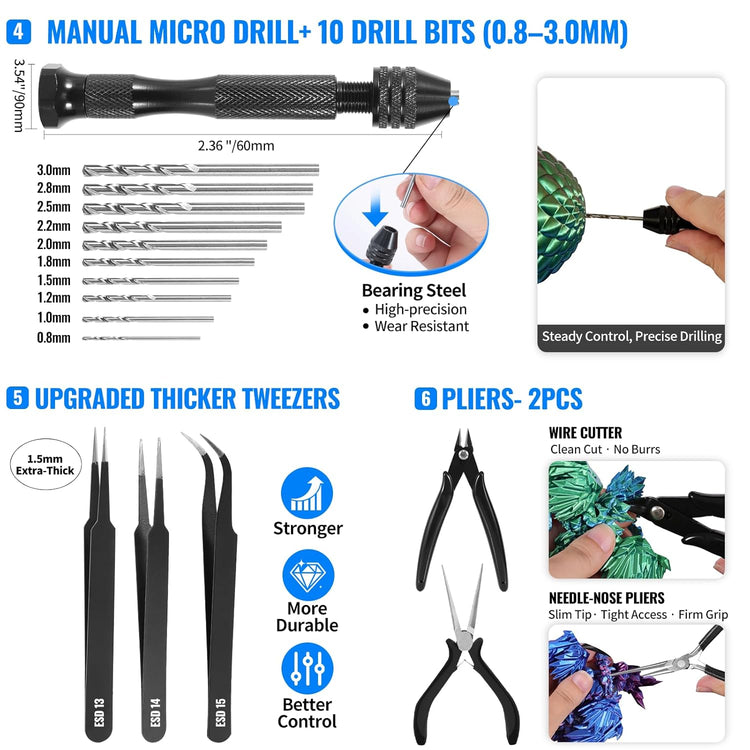 68-Piece 3D Printer Tool Kit with Storage Case - Comprehensive Accessories Including Deburring Tool, Scrapers, Metal Files, Brushes, Hand Drill, and Tweezers for Bambu Lab, Ender 3, Kobra, and More