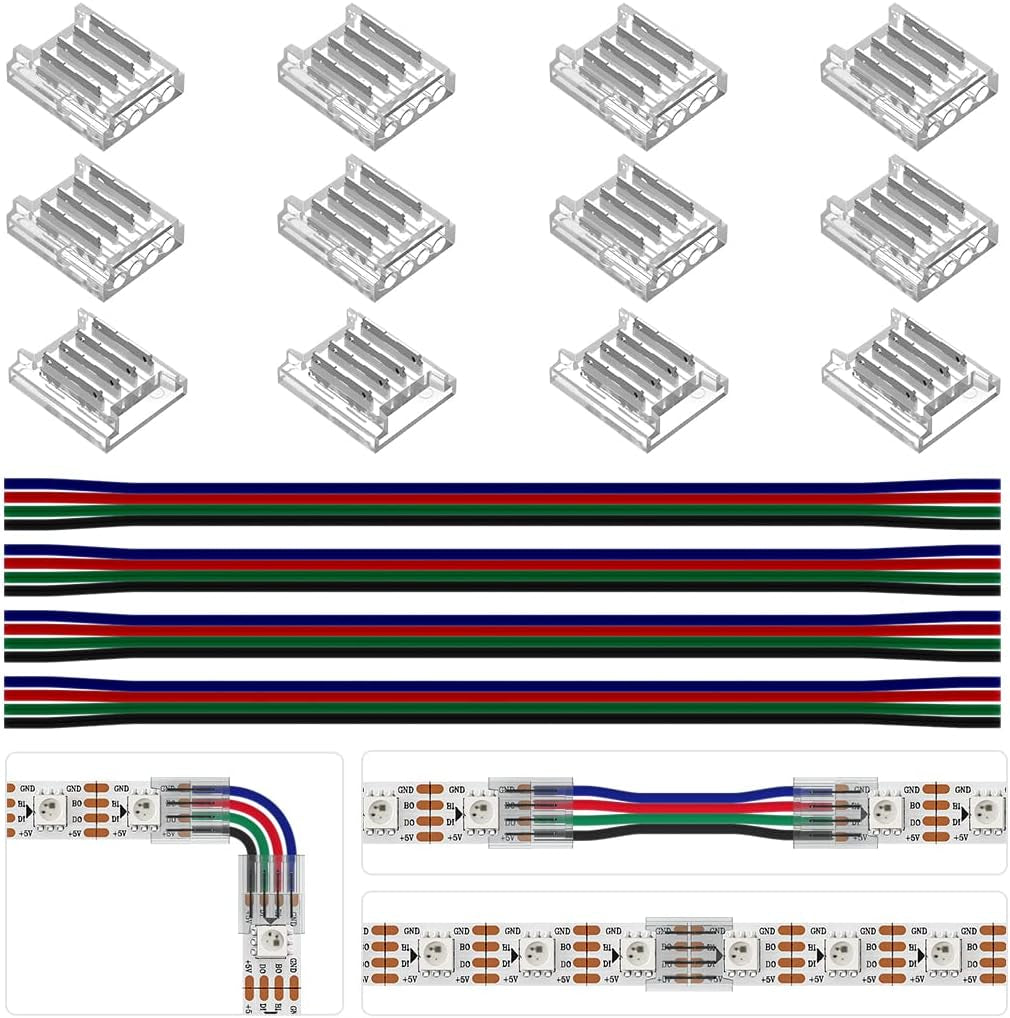 BTF-LIGHTING 4-Pin 10mm Transparent Connector Kit with Gapless Solderless Connectors and Extension Wires for WS2815, WS2813, and Other SMD LED Strips