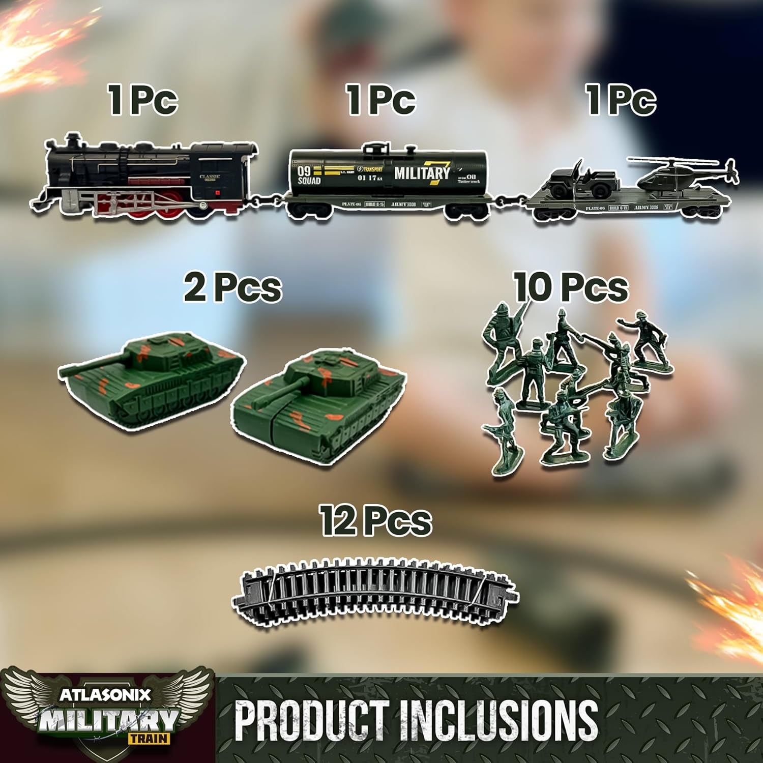 USA Electric Express Train Set for Children Ages 4-8 - Military-Themed Polar Train Model with Helicopter, Tank, Soldiers, and Tracks - Ideal Birthday Gift for Boys Ages 2-4