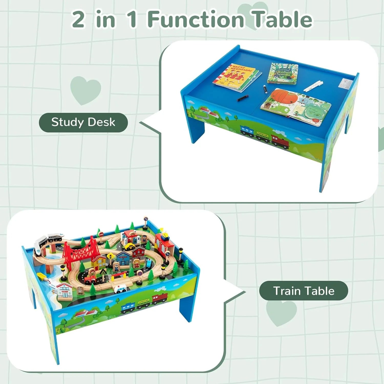 Train Table, 80 Pieces Wooden Kids Activity Toy Table Playset with Reversible Detachable Tabletop, Tracks, Train, Railway, City, Gift for Toddler Boys Girls Ages 3+