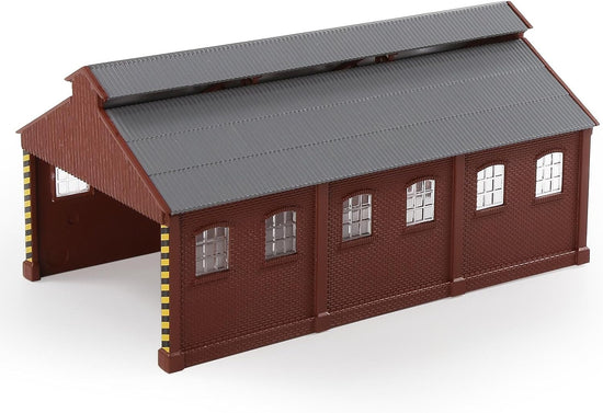 Painted N scale service shop maintenance building for model railroads, red color, detailed model by BYMRR Train Store.