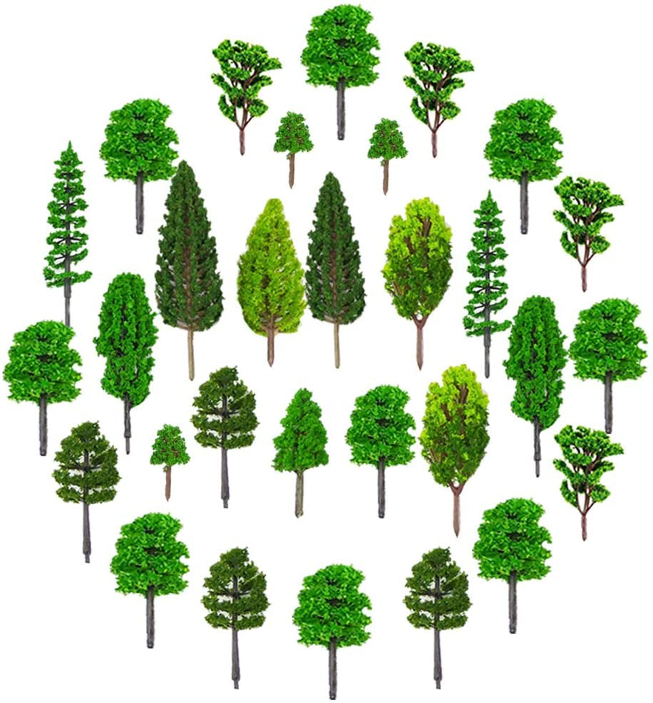 36-Piece Mixed Model Trees Set (1.36-6 Inches) for Train Scenery, Architectural Models, and DIY Crafts - Natural Green Landscape Decor