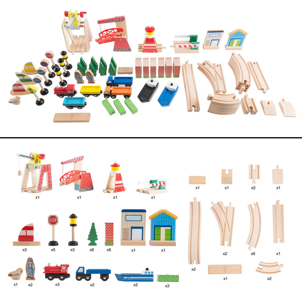 75-Piece Wooden Train Set Including Wood Tracks, Trains, Cars, Boats, and Accessories by