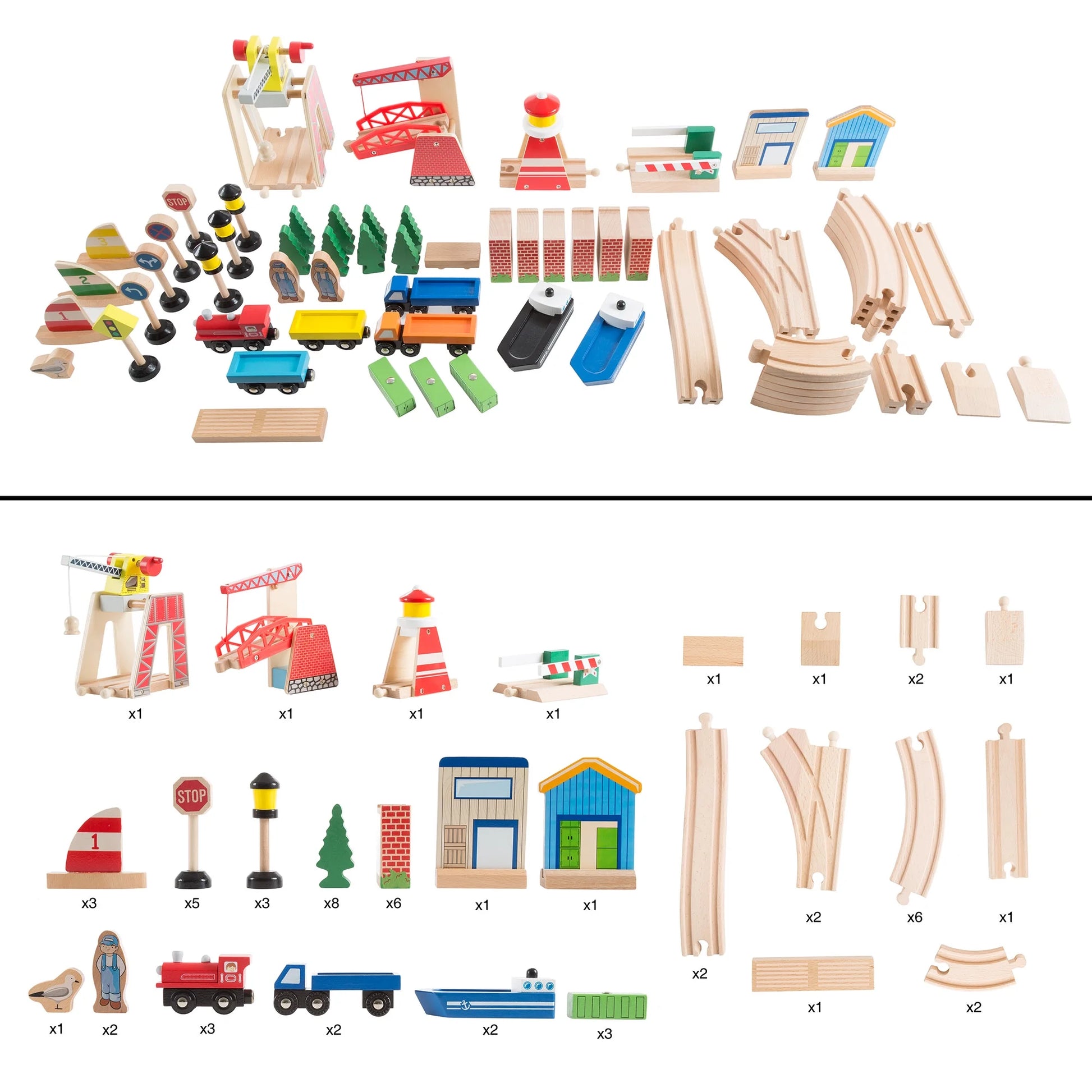 75-Piece Wooden Train Set Including Wood Tracks, Trains, Cars, Boats, and Accessories by