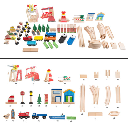 75-Piece Wooden Train Set Including Wood Tracks, Trains, Cars, Boats, and Accessories by