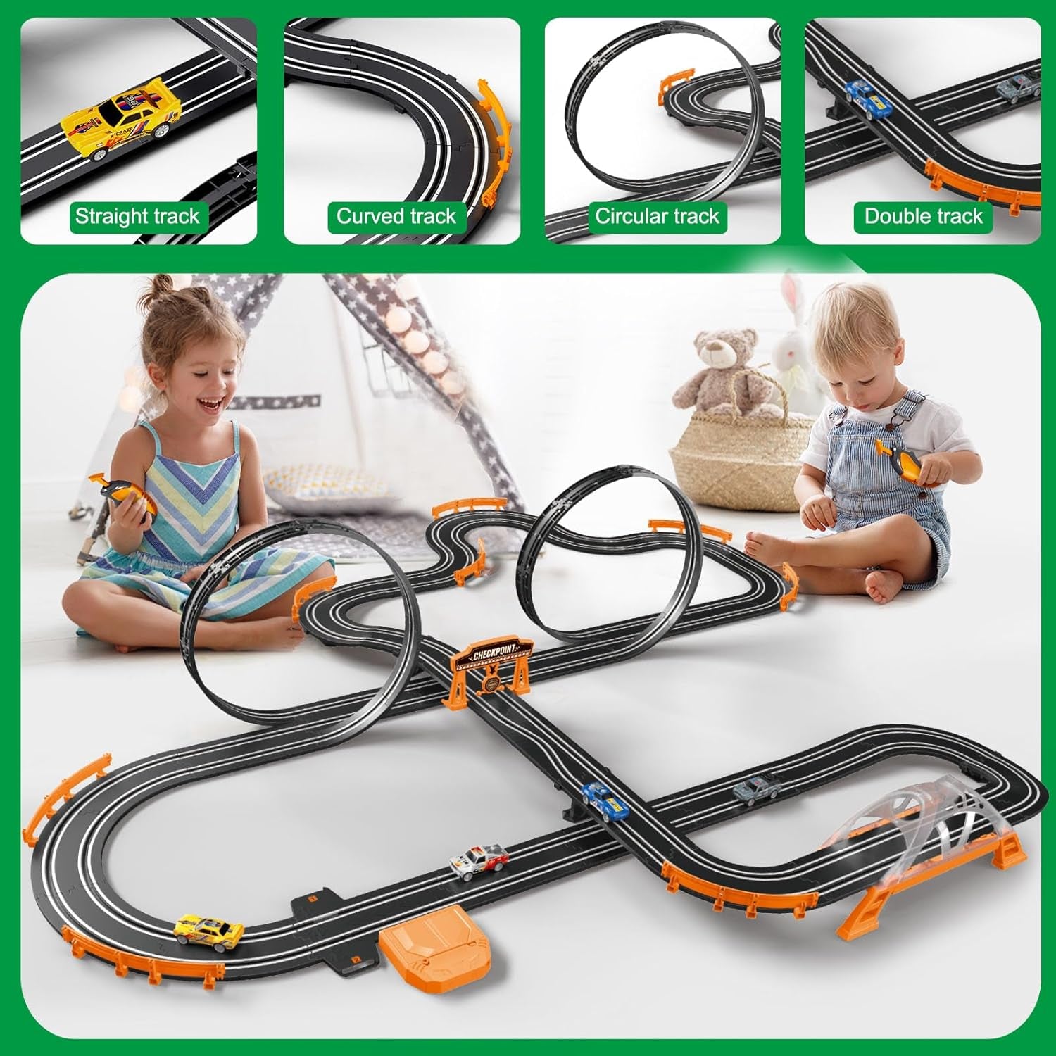 Slot Car Racing Track Set with 4 Electric Cars and Dual Track System, Includes Flash Bridge and Pendulum Toys - Perfect Gift for Children Aged 6 to 8 Years