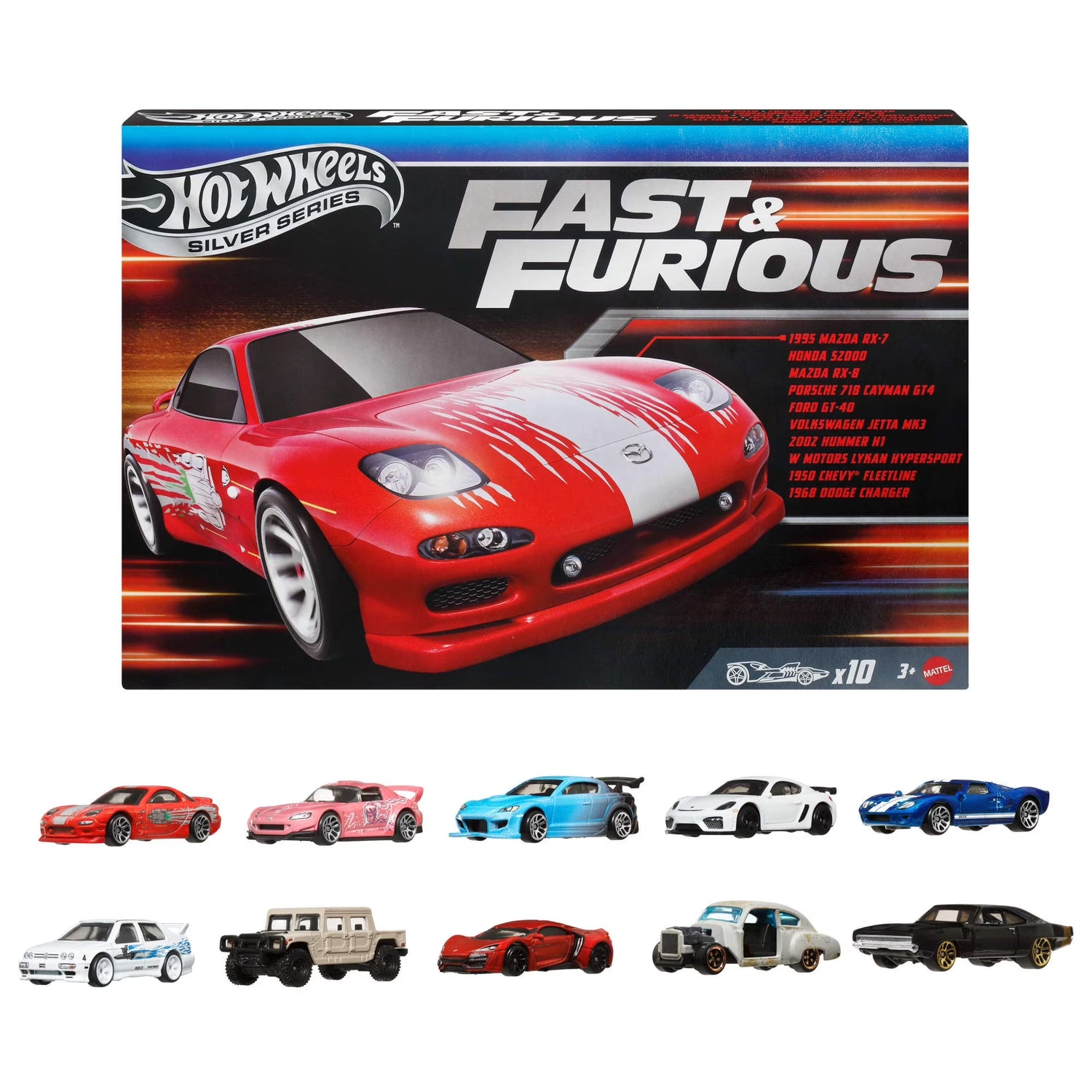Set of ten 1:64 scale die-cast Fast & Furious cars featuring various vehicle models from the BYMRR Train Store collection.