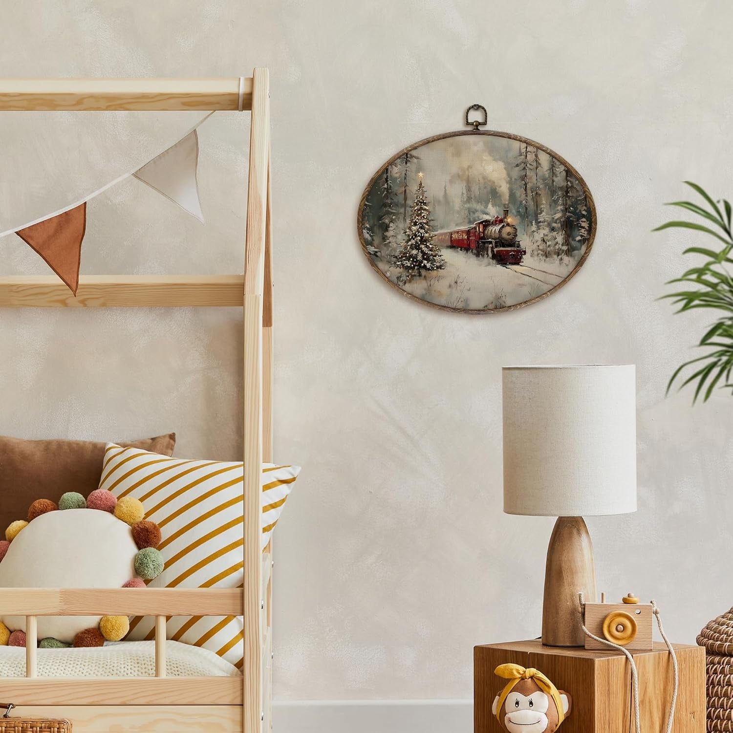 XNXLDYLH Vintage Christmas Train Tree Oval Framed Wall Art Decor, Rustic Christmas Train Scene Hanging Wall Decor Decorations, Winter Scene Farmhouse Canvas Prints Art Paintings for Home, 11.5X8.5Inch