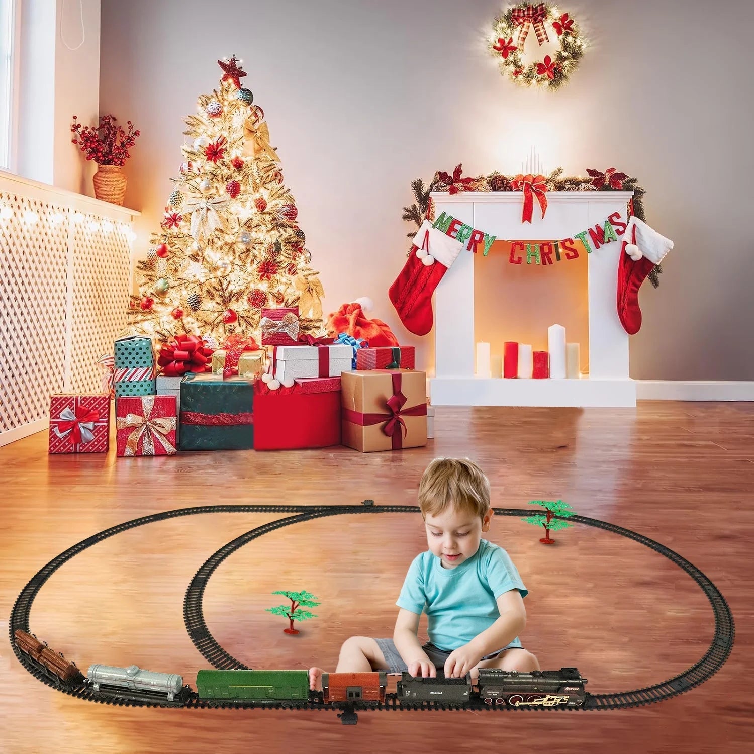 Christmas Train Set Electric Train Toy Set for Boys Locomotive Engine with Sounds Light Rechargeable Classical Steam Cargo Cars Tracks for Kids Christmas Decorations Indoor Toddlers Xmas Gift - BYMRR Train Store