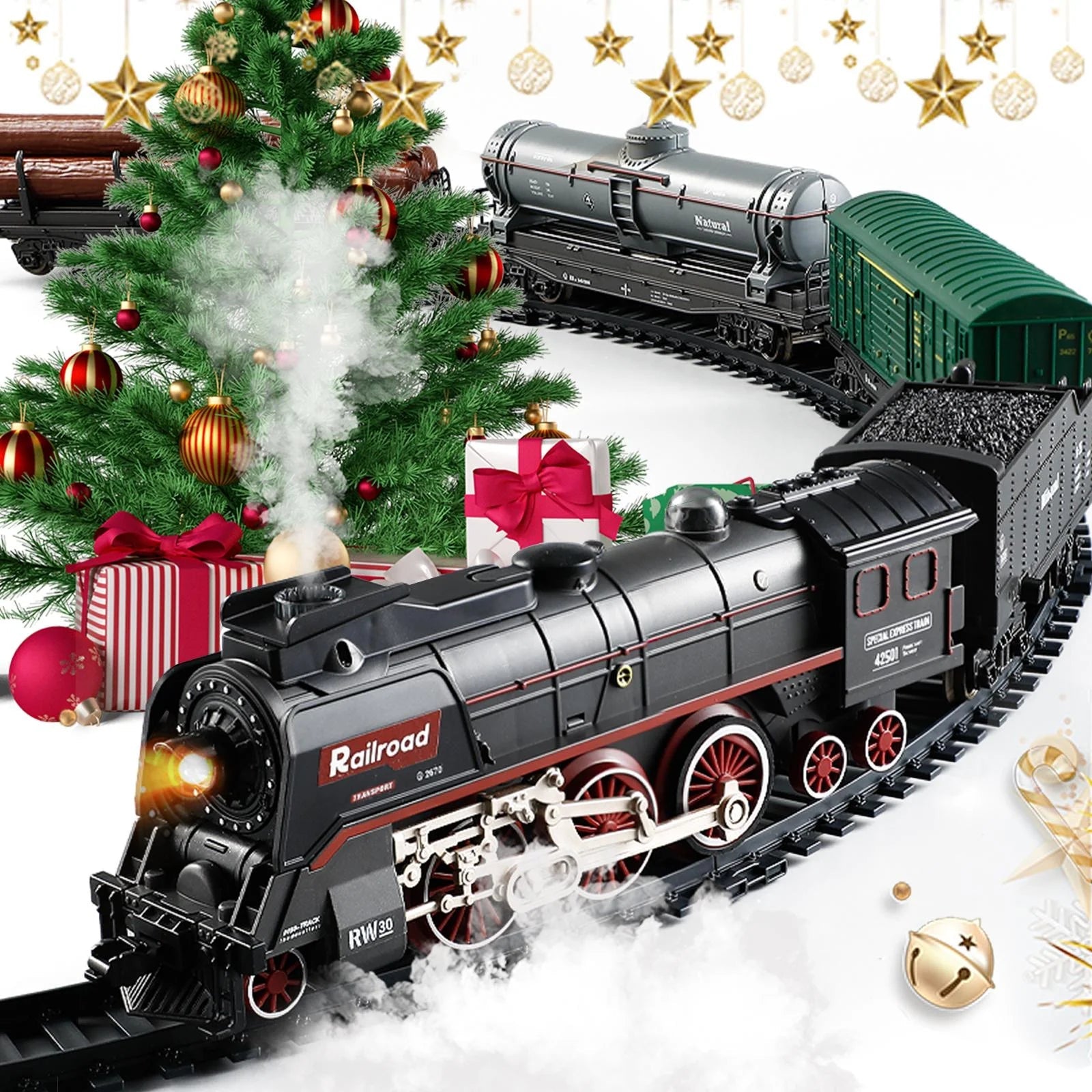 Christmas Train Set Electric Train Toy Set for Boys Locomotive Engine with Sounds Light Rechargeable Classical Steam Cargo Cars Tracks for Kids Christmas Decorations Indoor Toddlers Xmas Gift - BYMRR Train Store