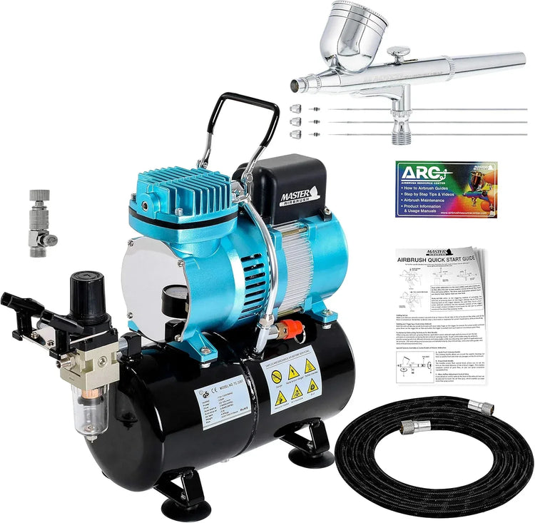 Master Airbrush G22 dual-action gravity feed airbrush with 0.3mm tip, fluid cup, hose, and 1/5hp compressor on a white background.