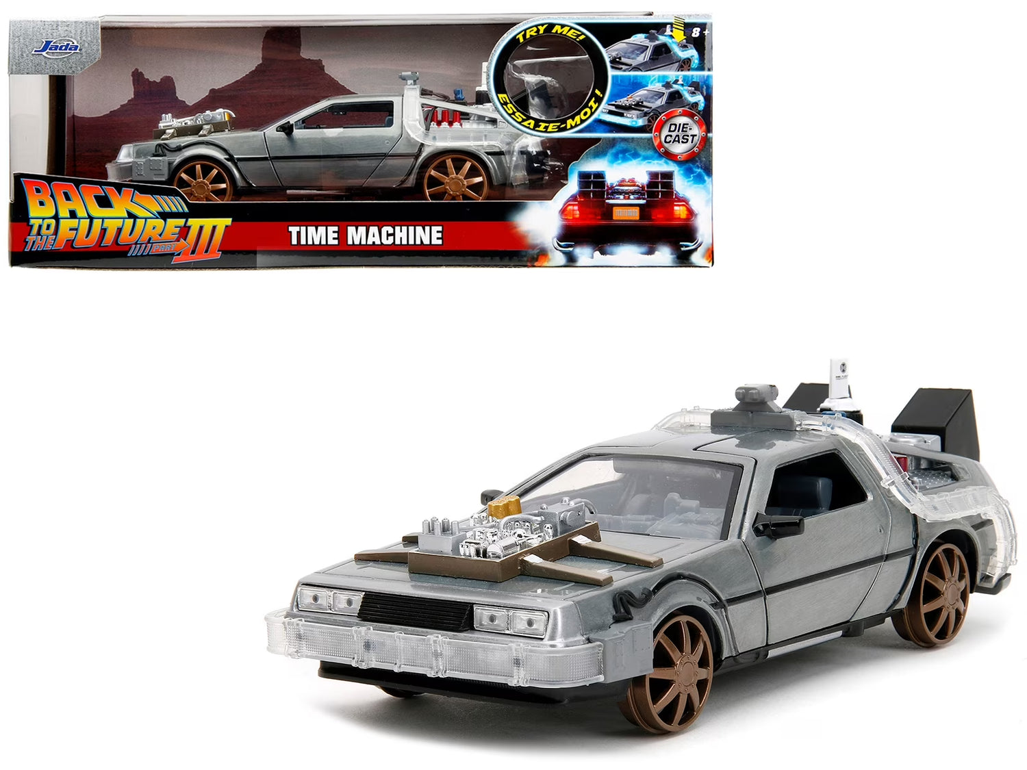 Delorean Brushed Metal Time Machine diecast model car with lights, featuring train wheel details, from Back to the Future Part III.