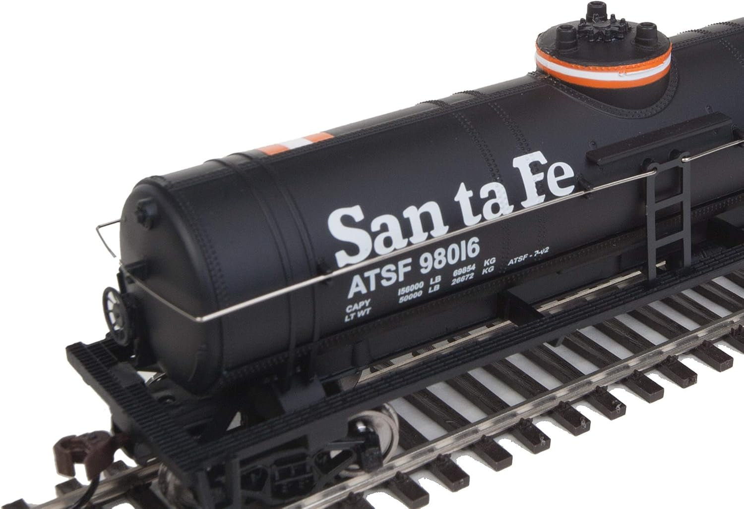 HO scale ready-to-run tank car by BYMRR Train Store, black with orange and white stripes, model Atchison, Topeka & Santa Fe 