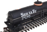 HO scale ready-to-run tank car by BYMRR Train Store, black with orange and white stripes, model Atchison, Topeka & Santa Fe 