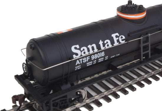 HO scale ready-to-run tank car by BYMRR Train Store, black with orange and white stripes, model Atchison, Topeka & Santa Fe 