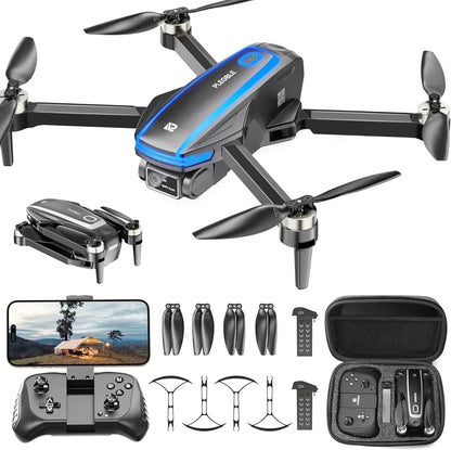 4K brushless motor drone with camera for adults, PLEGBLE brand, showing the drone flying outdoors with camera mounted underneath.