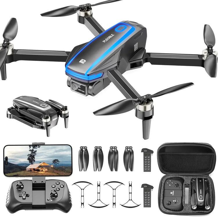 4K brushless motor drone with camera for adults, PLEGBLE brand, showing the drone flying outdoors with camera mounted underneath.