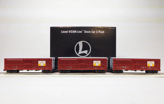 O gauge VISIONLINE Northern Pacific Stock Car 3-Pack model trains by BYMRR Train Store, featuring detailed freight car designs.