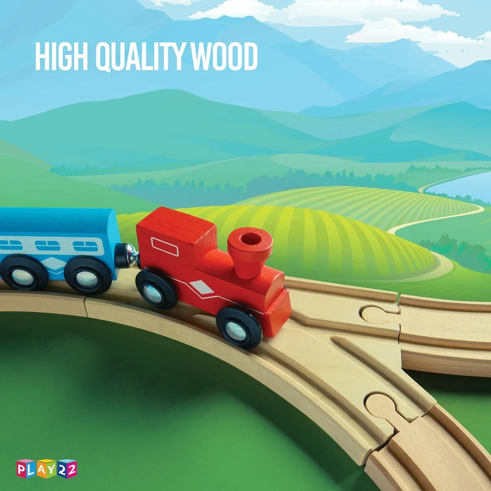 Kids Woden Train Track Set with 2 Bonus Toy Trains, 52 Count