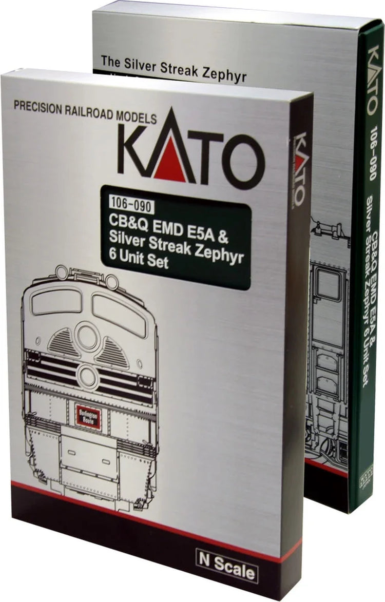 N scale diesel passenger train set featuring CB&Q and Silver Streak Zephyr models in silver and blue livery, by BYMRR Train Store