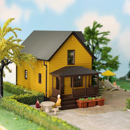 Pre-Assembled HO Scale 1:87 Contemporary Yellow Residential House Model for Train Layout Diorama - JZHO01