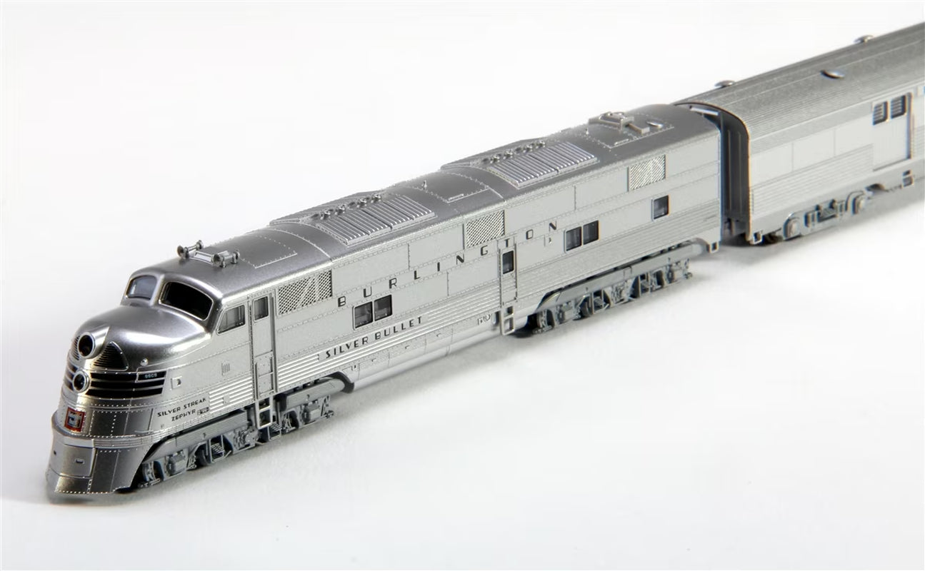 N scale CB&Q and Silver Streak Zephyr diesel passenger train set by BYMRR Train Store, with detailed train cars on a track.