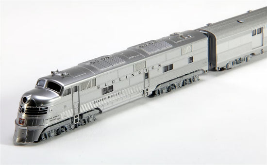 N scale CB&Q and Silver Streak Zephyr diesel passenger train set by BYMRR Train Store, with detailed train cars on a track.