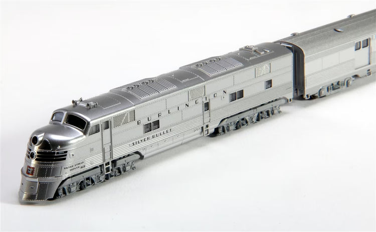 N scale CB&Q and Silver Streak Zephyr diesel passenger train set by BYMRR Train Store, with detailed train cars on a track.