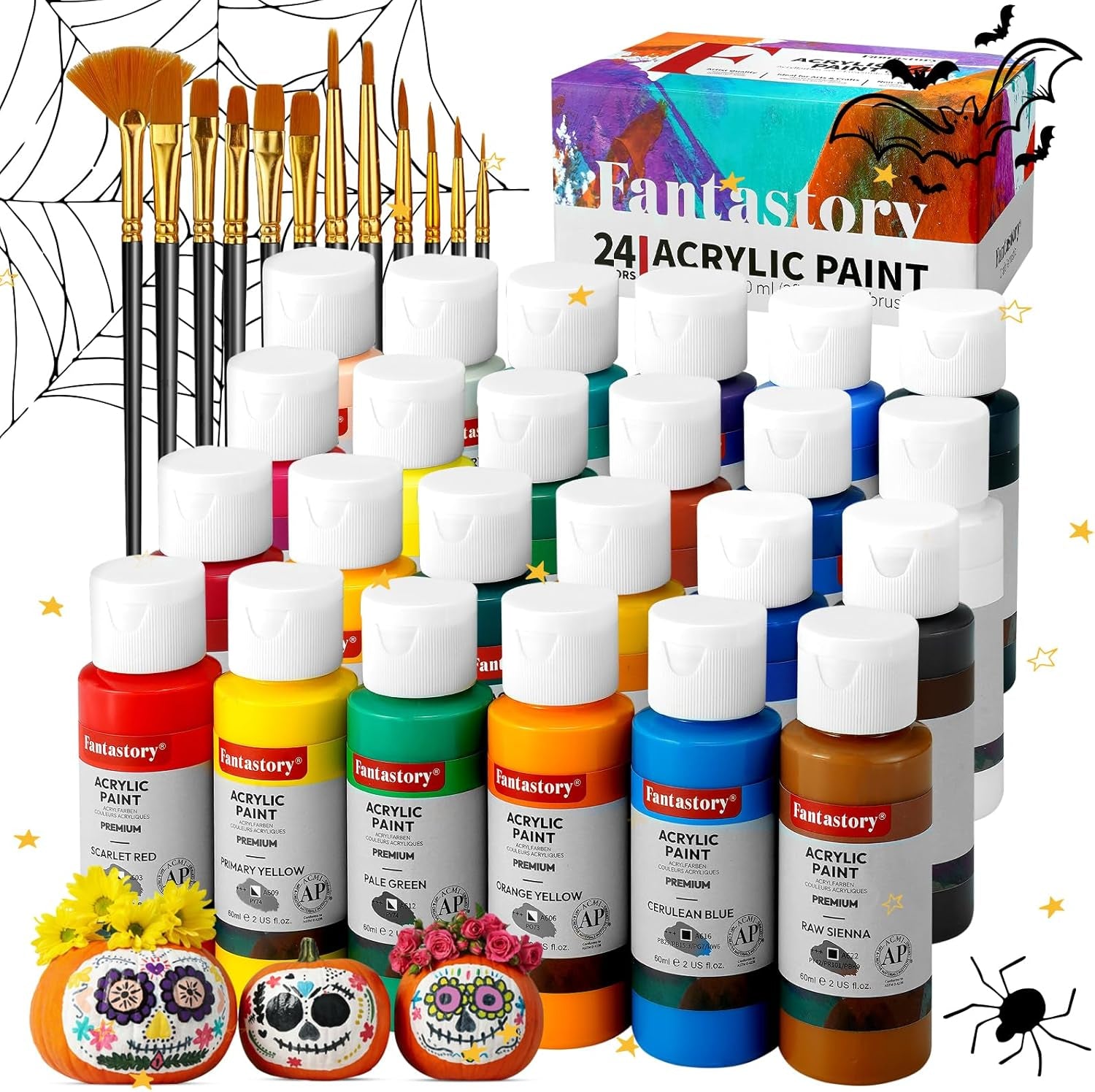 Fantastory Professional Acrylic Paint Set - 24 Colors (60 ml Each) with 12 Brushes; Waterproof for Art and DIY Projects on Various Surfaces Including Canvas, Wood, Glass, Clay, Fabric, Ceramic, and Paper