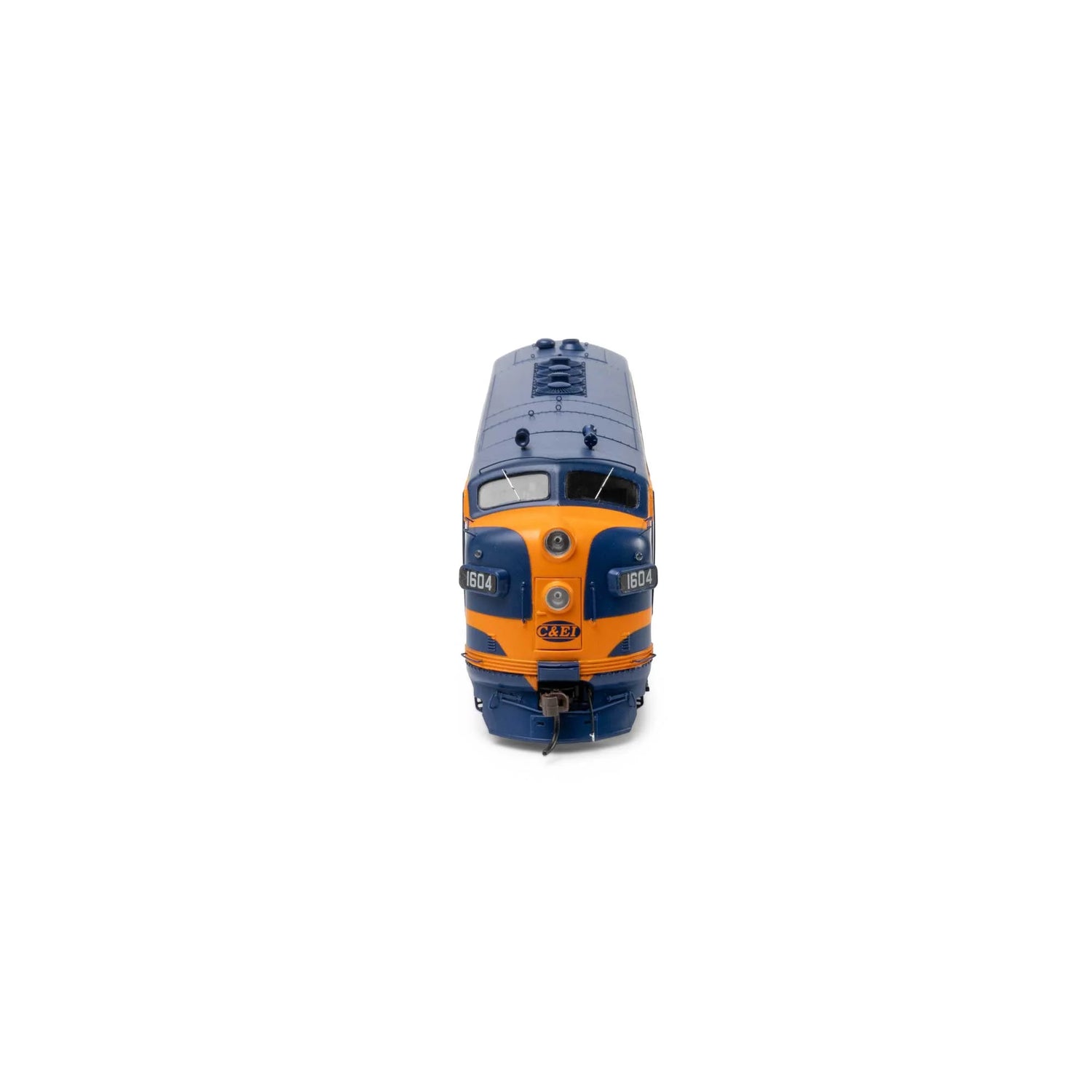 HO scale C&EI FP7 locomotive model number 1604 by BYMRR Train Store, detailed model train with blue and black paint.