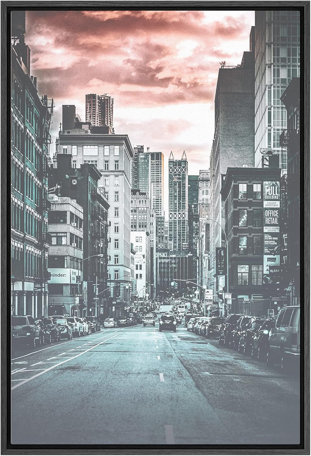 Framed Canvas Print Wall Art Trains between Skyscrapers Places Cityscape Photography Modern Art Bohemian Scenic Colorful Multicolor Ultra for Living Room, Bedroom, Office - 16"X24" BLACK