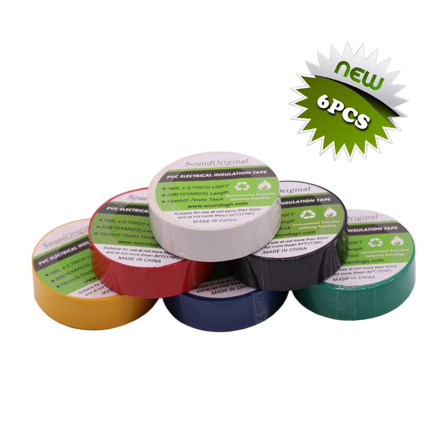 Multicolor Electrical Tape Set - 6 Pack, 0.7 Inch x 30 Feet, 600V Voltage Rating, Dustproof Adhesive for Home and Automotive Wiring