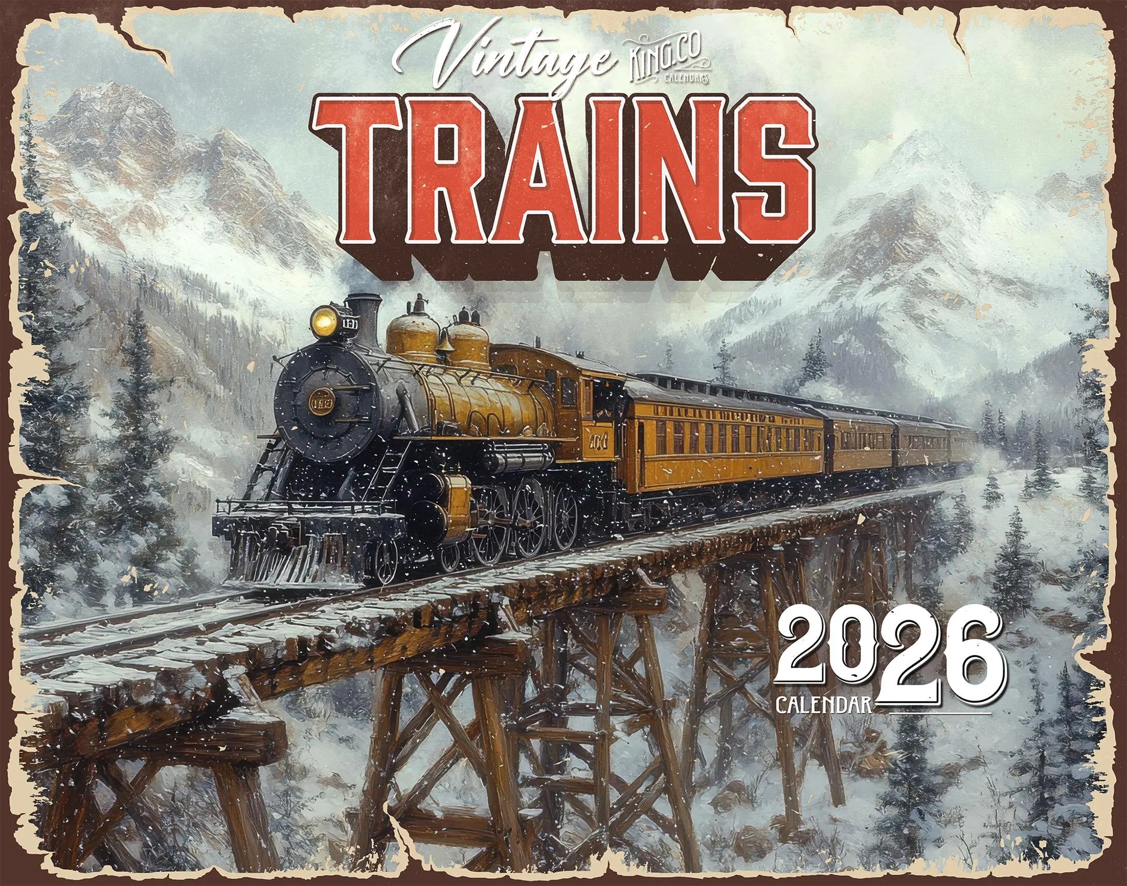 Vintage Trains 2026 XL 16-Month Wall Calendar by KING