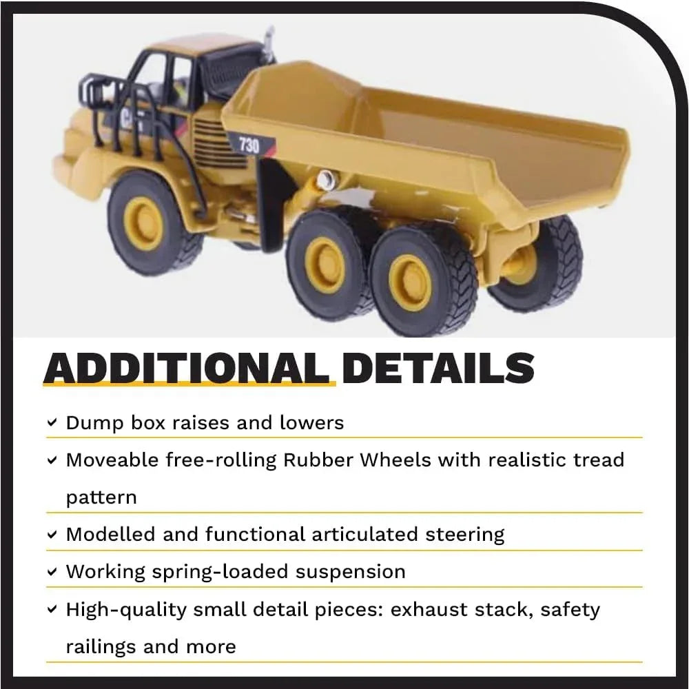 Diecast Masters Caterpillar 730 Articulated Truck HO scale diecast model showing detailed construction truck with wheels and cab features.